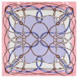 Fashionable 60cm square silk scarf with vintage belt and chain patterns in pink and lavender