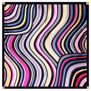 60cm striped square silk scarf for women featuring vibrant wave patterns and black border