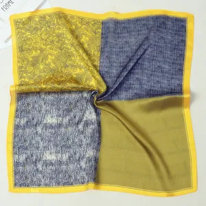 53cm silk satin square scarf featuring yellow paisley and patchwork geometric patterns