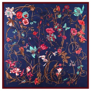 Floral and butterfly print square silk scarf with vintage botanical patterns on navy base