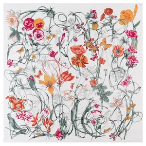 Floral square silk scarf featuring intricate botanical prints and colorful butterfly patterns