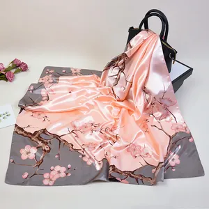 90cm silk-like square scarf featuring pink plum blossoms on grey background