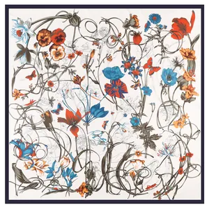 Square silk scarf with vintage floral and butterfly print on creamy white background