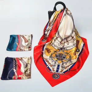 Elegant silk scarves with European belt and chain patterns in red, blue, and green colors