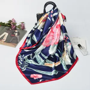 Elegant Floral Print Satin Square Scarf Women Vintage Sunflower Squirrel Pattern Large Imitation Silk Neck Scarf Head Wrap