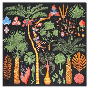 Sciarpa quadrata in seta da donna con palme tropicali e illustrazioni floreali su nero