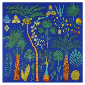 Lussuoso foulard in seta blu reale con stampe di palme e fiori tropicali