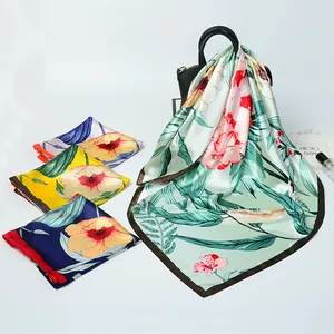 Silk-like 90cm square scarf with squirrel and floral prints for elegant styling