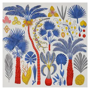 Foulard in seta con palme blu e motivi floreali tropicali artistici