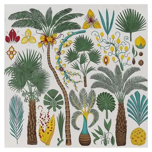Dettaglio di sciarpa in seta con stampa botanica, palme tropicali e fiori vivaci