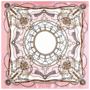 Pink baroque square silk scarf featuring golden chains and horse belt pattern on white base