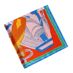 Detailed view of colorful equestrian silk scarf featuring rope patterns and metal buckles