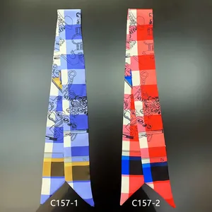 Plaid pattern silk skinny scarf for handbags and hair styling with colorful grid design