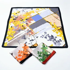 53cm oil painting style leaf print silk satin square scarf for women in three colors