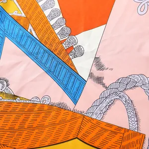 Macro view of colorful silk scarf fabric with abstract geometric rope and weave patterns