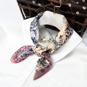 Elegant 53cm satin square scarf with vintage peony floral print on a white shirt