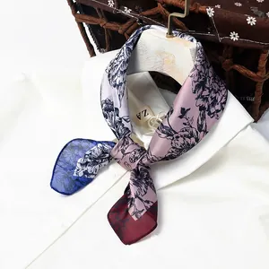 Silk-textured square scarf with sketched peony floral pattern in lotus pink and navy