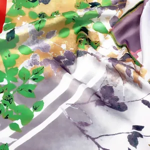 Silk square scarf with 53cm spring oil painting leaf pattern in green and purple hues