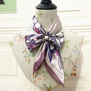 Floral print satin silk scarf in champagne with elegant pearl metal buckle ring