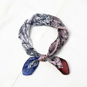 Elegant 53cm silk-like square scarf featuring sketch peony patterns and color splicing