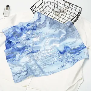 Dames Satijnen Vierkante Sjaal In Chinese Inktwassing Stijl Vintage Berglandschap Polyester Halsdoek