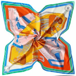 Retro silk scarf with orange rope knots and colorful equestrian prints on white background