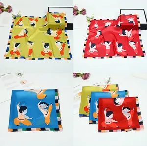 Dames Cartoon Meisje Print Satijn Vierkante Sjaal Vintage Artistieke Zijde Gevoel Halssjaal Kleine Kleurblok Hoofdband Voor Dagelijkse Mode Decoratie