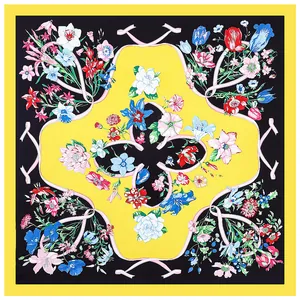 Floral print silk square scarf with colorful flowers and ribbons on black background