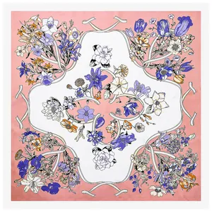Elegant floral silk square scarf with colorful hand-painted tulips and ribbons design