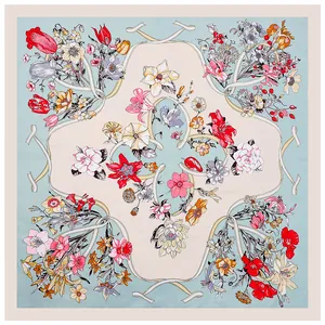 Elegant floral silk-like square scarf featuring colorful ribbons and blooming tulip print