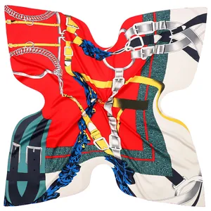Luxurious equestrian pattern silk scarf with red border and chain strap design