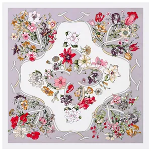 Floral square silk scarf with vintage botanical prints and ribbons in purple and white