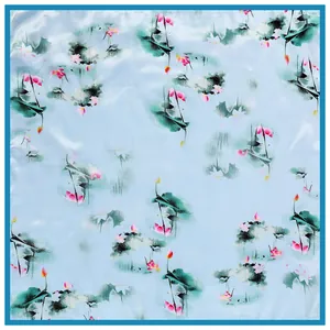 Elegant 60cm lotus ink painting silk scarf for women in light blue and pink floral