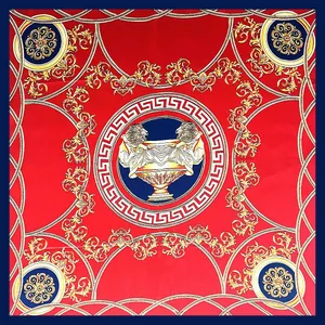 Vintage Palace Style Baroque Print Satin Square Scarf For Women 90cm Horse Carriage Chain Pattern Large Headscarf Wrap Shawl