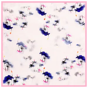 60cm square silk scarf featuring ink wash lotus floral patterns and pink border design