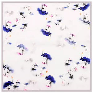 Ink wash lotus print 60cm silk square scarf with elegant floral pattern on white background