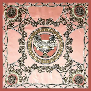 Elegant 90cm square silk scarf with pink baroque patterns and golden lion emblem motif
