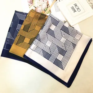 53cm geometric stripe silk-like square scarf set in navy blue, yellow, and beige colors