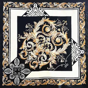 Elegant 90cm square silk scarf featuring baroque golden floral patterns on black background