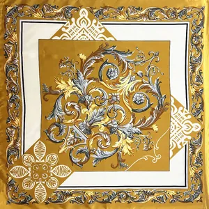 Luxury 90cm Baroque floral silk scarf featuring elegant gold and black palace patterns