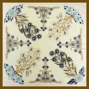 Elegante pañuelo cuadrado de seda 90cm con flores de lirio y borde marrón
