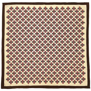 Plaid geometric chain pattern 90cm twill silk scarf with dark brown borders on white background