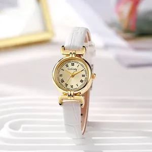 Detail of vintage gold quartz watch with white crocodile leather strap and roman numerals
