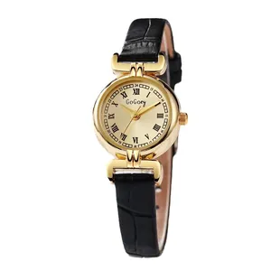 Vintage women's quartz watch with gold round case, Roman numerals and black leather strap