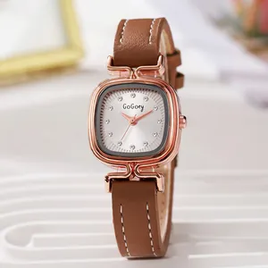 Orologio vintage quadrato in oro rosa da donna con cinturino marrone e indici cristallo