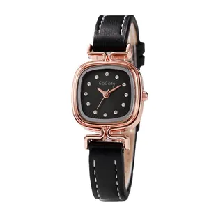 Orologio da donna vintage quadrato oro rosa con quadrante nero e cinturino