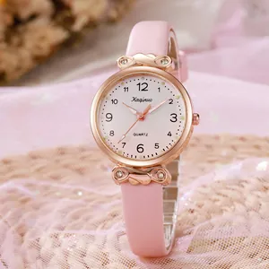 Montre à Quartz de Mode pour Femmes Boîtier en Alliage Or Rose Bracelet en Cuir PU Nœud en Strass Cadran Dégradé pour Filles