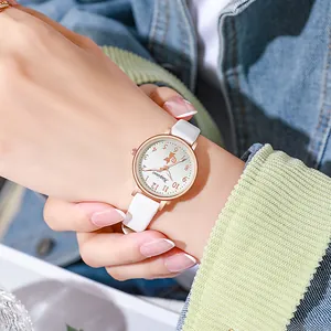 Fashionable women's quartz watch with white leather strap and cute cat dial design