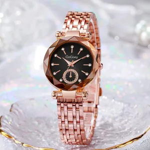 Damenarmbanduhr in Roségold mit schwarzem Sternenzifferblatt und Facettenschliff