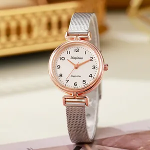 Women's fashion watch with rose gold case, white dial and silver mesh steel band